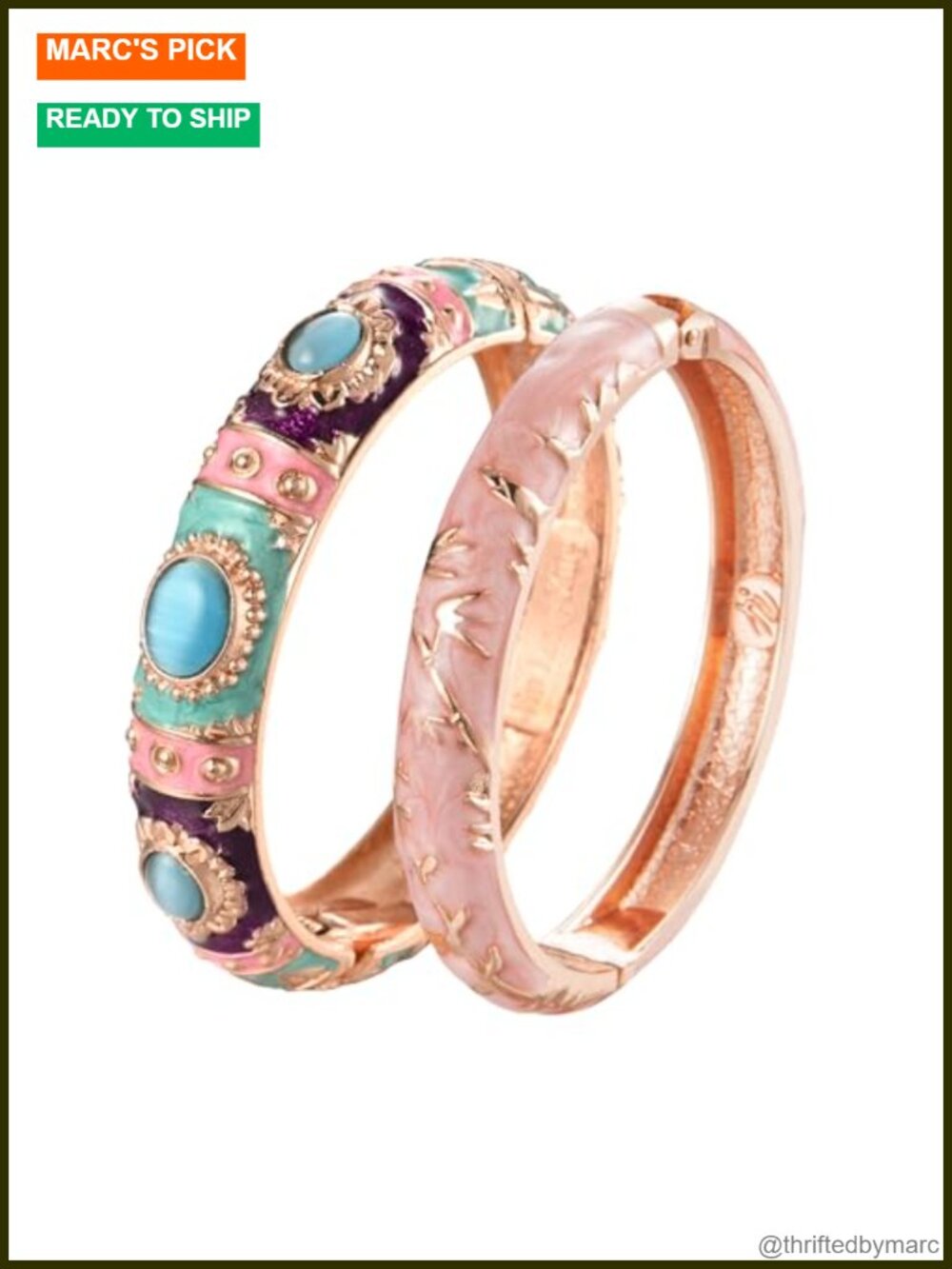 2 Piece Vintage Cloisonne Enameled Cuff Bangle Set Jewelry
